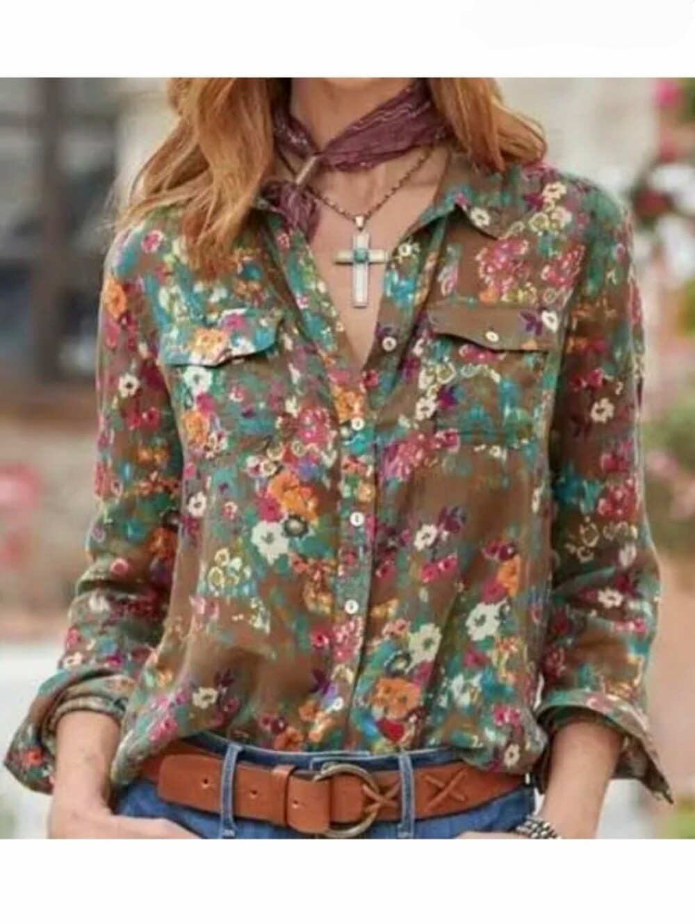 Sundance Olive Floral Joy 100% Cotton Lighweight Long Sleeve Button Down Blouse - Picture 2 of 11